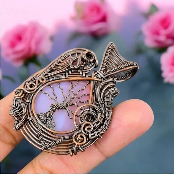 Rose Quartz Pendant Handmade Copper Wire Wrapped Necklace - Picture 3 of 7